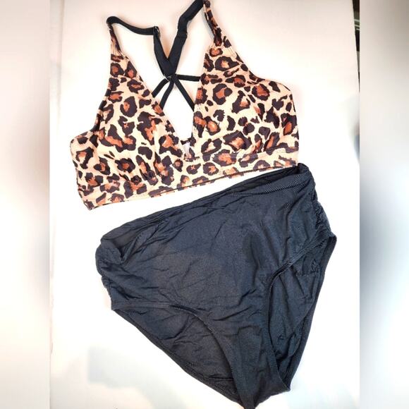 Animal Print High Waisted Bikini Halter Style Black Brown Swimsuit 561 Size L - Picture 1 of 6